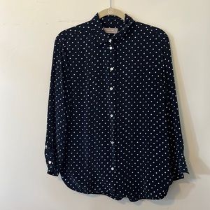 Everlane cupro (better than silk!) navy polka dot button down blouse.